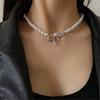 Collar de perlas con lazo y incrustaciones de diamantes para mujer, cadena de clavícula con diseño de nicho, estilo chic, 2024
