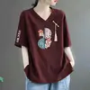 Camiseta de Manga Corta con Cuello en V para Mujer de Comercio Exterior Transfronterizo, Sencilla Talla Grande Nuevo Estilo Chino Top Holgado de Gama Alta