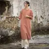 Vestido Curto de Algodão e Linho Novo para o Verão de 2025, Algodão Linho Lavado com Botões de Placa em Cor Contrastante, Novo Vestido Longo Estilo Chinês, Vestido de Chá