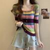 Camiseta de Manga Corta a Rayas Arcoíris con Cuello Cuadrado Diseño de Hombro Moda Nicho Ajustada Top Corto Tejido para Mujer