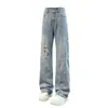 Jeans premium estilo americano 2026 lavados y desgastados para hombre, pantalones holgados rectos de pierna ancha, pantalones vintage desgastados de largo completo para hombre