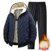 Jaqueta de algodão térmica com capuz para homem, forrada com fleece novo e espessada com grafeno, conjunto esportivo de duas peças de lã de cordeiro