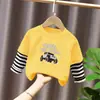 G2226# camiseta de algodão para meninos solta nova cuhk infantil outono falso duas peças casaco infantil primavera e outono estilo ocidental moda
