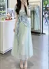 26375 Novo Grande Amor Beleza Yi Yuan 2026 Verão Novo Doce Patchwork Laço Afunilamento na Cintura Falso Duas Peças Vestido