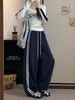 Calça Feminina Listrada de Algodão com Barra Curva Outono Inverno 2026 Nova Patchwork Color Block Casual Perna Larga Cintura Alta Perna Reta Calça Esportiva