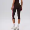Calça de yoga 7/8 de cintura alta com listras laterais para mulheres, alta elasticidade, absorção de suor, sem costura, modeladora, para corrida, fitness, calça esportiva justa