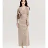 Vestido Elegante de Color Sólido con Cuello en V de Nuevo Estilo para Primavera y Otoño para Mujer, Estilo Francés Ajustado a la Cintura Adelgazante Forma de H Largo, Venta al por Mayor Transfronteriza