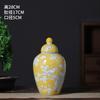Jarrón de Cerámica Amarillo Azul y Blanco Chino Creativo Pintado a Mano Arreglo Floral Hidropónico Adornos Retro de Escritorio para Porche