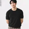 Camiseta de punto para hombre de manga corta, marca de moda, versátil, estilo Old Money, Camiseta Top estructurada de color liso, estilo retro japonés, versátil para hombre en verano