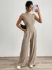 Mono de pierna ancha para mujer, europeo y americano, de Amazon transfronterizo, con cuello alto, sin mangas, tejido, casual, elástico