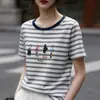 Camiseta de manga corta con cuello redondo y estampado de rayas de verano, diseño nuevo, tejida, estilo coreano, top simple y elegante para mujer