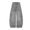 Calça Jeans Magic Bear Estilo Retrô Americano Lavado com Rebites, Calça de Corte Curvo Reta, Calça Larga Solta Workwear Comprimento Total