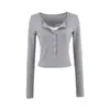 Top Quadrado com Renda Splicing Estilo Coreano para Primavera, Outono e Inverno de 2026, Estilo Puro Desejo, Design de Botões, Camiseta de Manga Longa para Mulheres