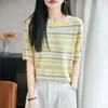 26 Verano Más Vendido Vintage Rayado Lyocell Cuello Redondo Tejido Manga Corta Top para Mujer con Jacquard de Color Contrastante, Estilo Coreano
