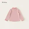 Blusa de Manga Longa Básica Selecionada para Meninas com Gola Volumosa para Bebês, Camiseta Infantil Lisa, Roupa Infantil para Primavera e Outono