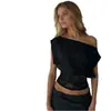 Moda Transfronteriza Europea y Americana para Mujer Nuevo Estilo Top de un Hombro Chica Picante Sexy Encaje Hueco Patchwork Transparente Revela Cintura Versátil Camiseta