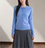 Cardigan de Tricô Preguiçoso em Tom Azul Suave para Mulheres Outono Suéter com Gola Polo Peça de Roupa Exterior Top Casual Azul Tendência