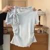 Camiseta de Manga Corta a Cuadros con Lazo Delantero Estilo Dulce para Mujer, Nuevo Estilo de Verano con Bordes Fruncidos, Top Versátil de Corte Ajustado