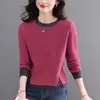 26 Suéter de Moda Versátil para Mujer Cuello Redondo Bloque de Color Tejido Capa Interior Capa Base Suéter de Primavera Otoño Suéter Holgado Pulóver