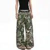 Calças jeans patchwork de camuflagem desconstruída com estampa de leopardo estilo americano para homens e mulheres, nova marca da moda para primavera e outono, calças de trabalho retas largas