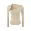 Top Sexy Francés Delgado Chica Caliente Diseño Femenino Elástico Ajustado Capa Base Irregular Asimétrico Cuello Manga Larga Camiseta