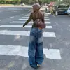 Jeans azul lavado wide leg retro americano para mulheres, novo modelo 2026, cintura baixa, solto, modelador, calça reta versátil de comprimento total