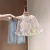 Ropa de Otoño para Niñas Linda Dulce Primavera y Otoño Nuevo Malla Volante Corazón Traje de Tres Piezas Elegante Moda Conjunto Casual