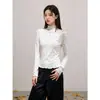 Top de Punto Suave Estilo Coreano con Lunares y Cuello Medio Alto para Mujer Primavera Otoño Volante Delgado Manga Larga Camiseta Base para Superponer