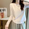 Camiseta de Manga Larga de Algodón Puro para Mujer, Otoño e Invierno, Diseño Irregular con Sentido, Petite, Camiseta Interior Capa Base, Blanca
