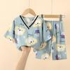 Conjunto de Pijama Infantil de Algodón Seda Vaca Primavera y Verano Manga Tres Cuartos Pantalón Corto para Niños y Niñas Seda Artificial Algodón Ropa de Casa Sección Delgada