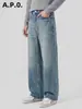 Ropa masculina APO Jeans rectos lavados de estilo americano a la moda transfronterizos para hombre, con un diseño retro de ojo de gato, un corte relajado y un estilo limpio y moderno