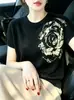 2026 Verano Nuevo Estilo Gama Alta Negro Estampado Cuello Redondo Manga Corta Camiseta Mujer Holgada Adelgazante Versátil Top