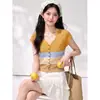 Sí Estilo rústico colorblock a rayas tejido de punto manga corta para mujer top cárdigan cropped ajustado de verano