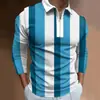 Camisa Polo Masculina Primavera e Outono Promoção Quente Nova Estampada em 3D Moda Casual de Negócios Listrada com Zíper