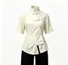 Novo top estilo chinês com gola alta e mangas curtas para mulheres com botões, acinturado, carcela diagonal, camisa cheongsam modificada, vestimenta tradicional chinesa Zen para chá