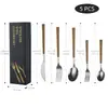 Conjunto de Talheres de Aço Inoxidável de 5 Peças com Padrão de Madeira, Garfos e Colheres, Louça Ocidental Doméstica, Talheres para Steak, Conjunto de Colheres de Chá, Caixa de Presente
