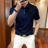 Camiseta tipo polo casual de manga corta, color liso, de seda helada, sin costuras, de marca francesa de alta gama, para hombre, elástica, corte ajustado, sin arrugas, antiarrugas