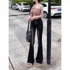 Jeans de Perna Larga Preto e Cinza Feminino Outono 2026 Novo Cintura Alta Retro Micro Flare Perna Reta Calças