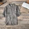 Camiseta de Lino de Manga Corta para Hombre Verano Cuello Casual Polo de Manga Media Vintage Arrugado Top de Algodón y Lino