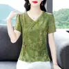 Nova Blusa de Chiffon de Manga Curta Estilo Chinês para Mulheres, Moda de Verão, Elegante Slim Fit, Top Floral Estiloso para Mães