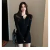 Vestido sexy ajustado para mujer de otoño, vestido negro ajustado al cuerpo, vestido corto de punto chic elástico que ciñe la cintura