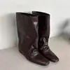 Versão em pele de ovelha ~ Botas de tornozelo plissadas estilo britânico, bico quadrado feminino, com aumento interno de altura, bota western cowboy de cano largo, bota de montaria de cano médio
