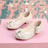 Nuevos Zapatos de Princesa con Lazo para Niños, Moda Coreana de Tacón Alto con Velcro, Zapatos de Cristal para Niñas, Zapatos de Piel para Niñas