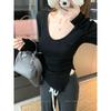 Camiseta de manga larga con cuello en V y bolsillo gris para mujer, estilo Spice Girl, de invierno, irregular, ajustada y básica.