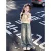 Sudadera Fresca y Azul Dopamina con Cuello para Niñas, Nuevo Estilo Primavera/Otoño, Jeans de Estrellas, Conjunto Casual de Dos Piezas a la Moda