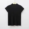 Top minimalista de manga curta, corte justo, gola meio alta, veludo amigo da pele, malha de lã mercerizada, cor sólida, camisa base