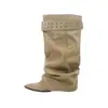 Punta fina, tacón oculto, botas de media pantorrilla apiladas para mujer, con hebilla de cinturón, botas de equitación de gamuza, botas adelgazantes de estilo francés, botas largas para mujer