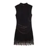 Vestido Curto de Veludo com Renda, Gola Alta, Sem Mangas, Estilo Europeu e Americano, Cintura Franzida, Cobre o Quadril para Mulheres 8779664