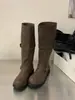 Chuyuji 2026 Verano Nuevo Estilo Retro Europeo y Americano Hebilla de Cinturón Botas de Motocicleta para Mujer, Invierno Punta Redonda Botas de Media Caña Apiladas para Mujer