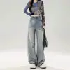 Jeans Rasgados Retrô Americano Azul para Mulheres 2025 Primavera e Verão Novo Reto Solto Emagrecedor Perna Larga Calças Compridas